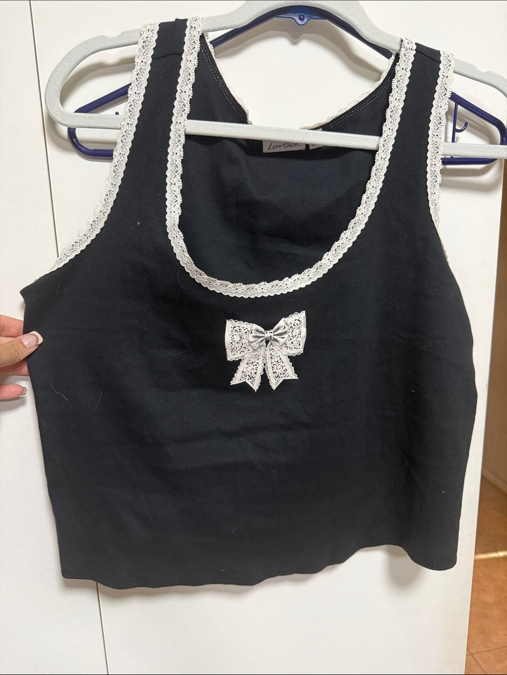 Lovesick Black Tank with White Lace Trim